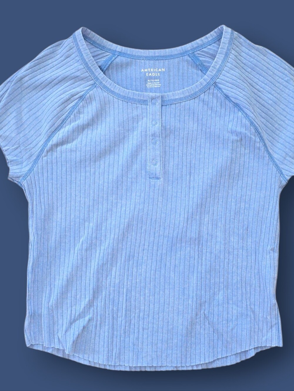 XL - American Eagle Outfitters Light Blue Ribbed Short Sleeve Henley Top